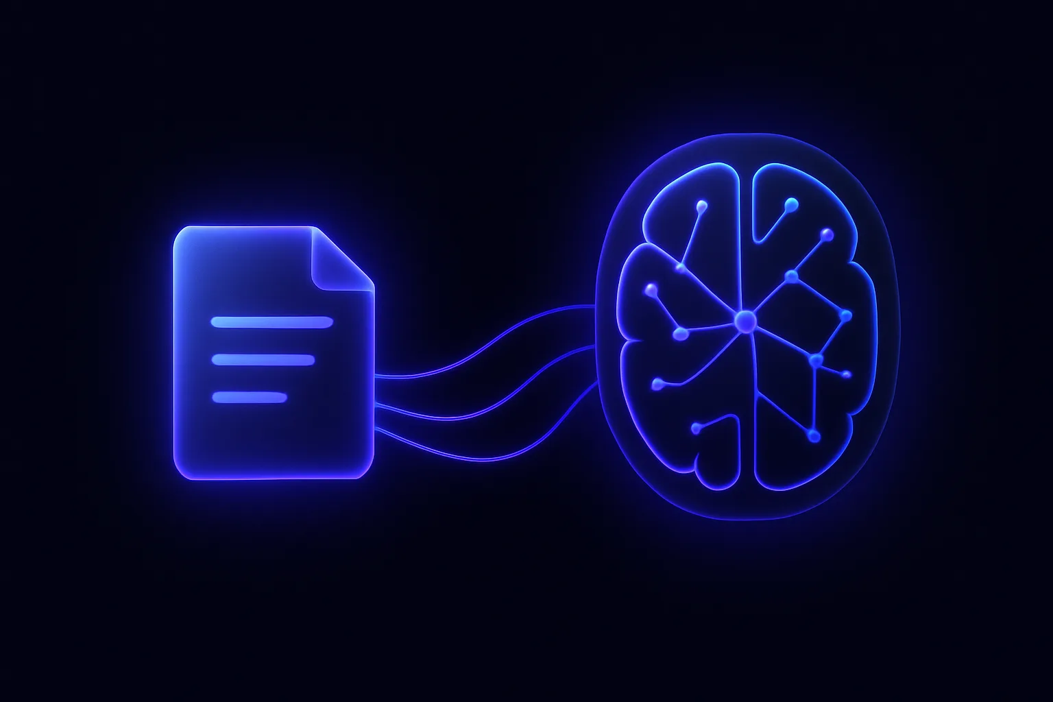 AI 코어에 발광하는 안내 문서 파일 한 장을 건네는 개념 일러스트