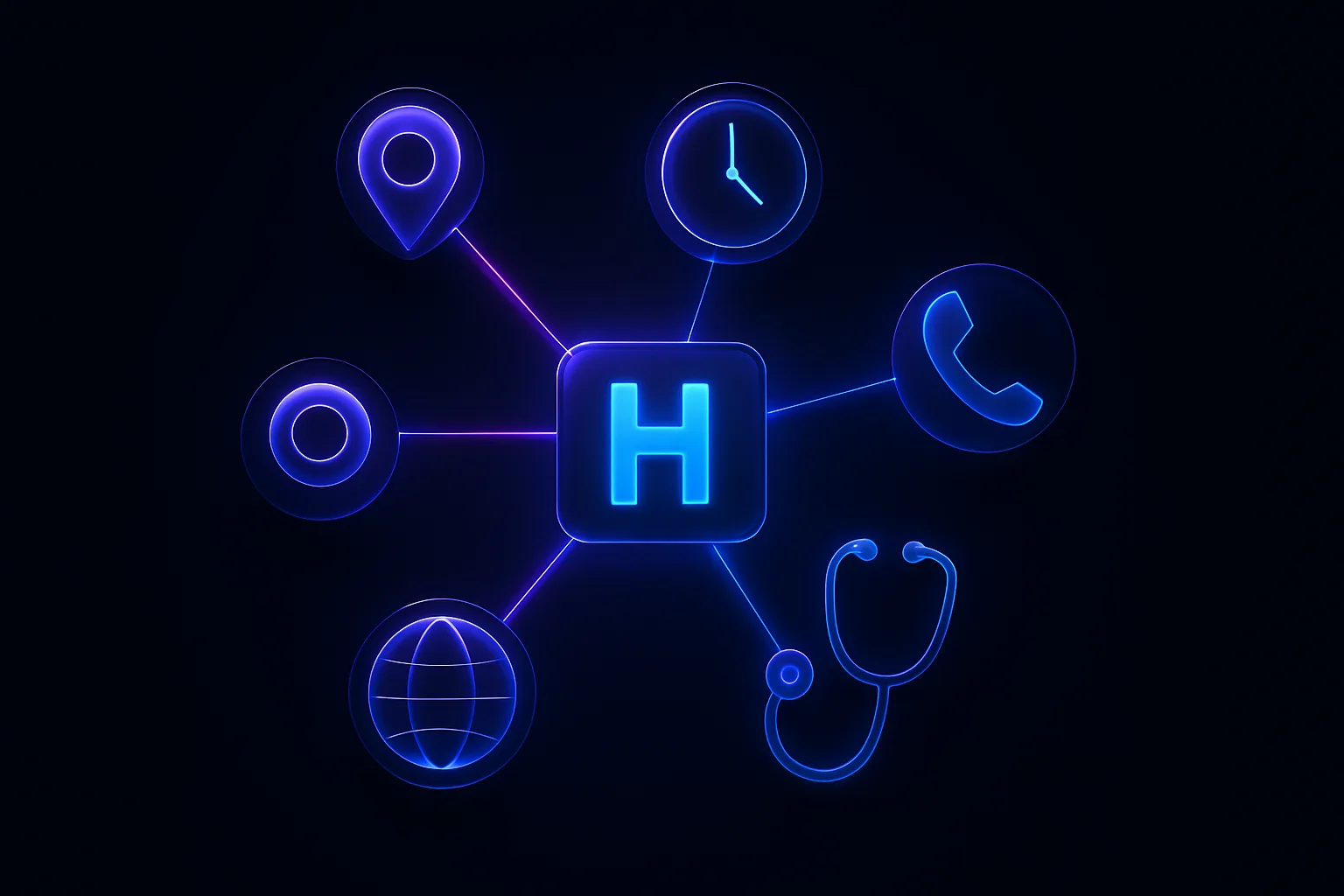 MedicalOrganization 스키마의 핵심 속성들이 병원 정보와 연결된 구조를 표현한 개념도