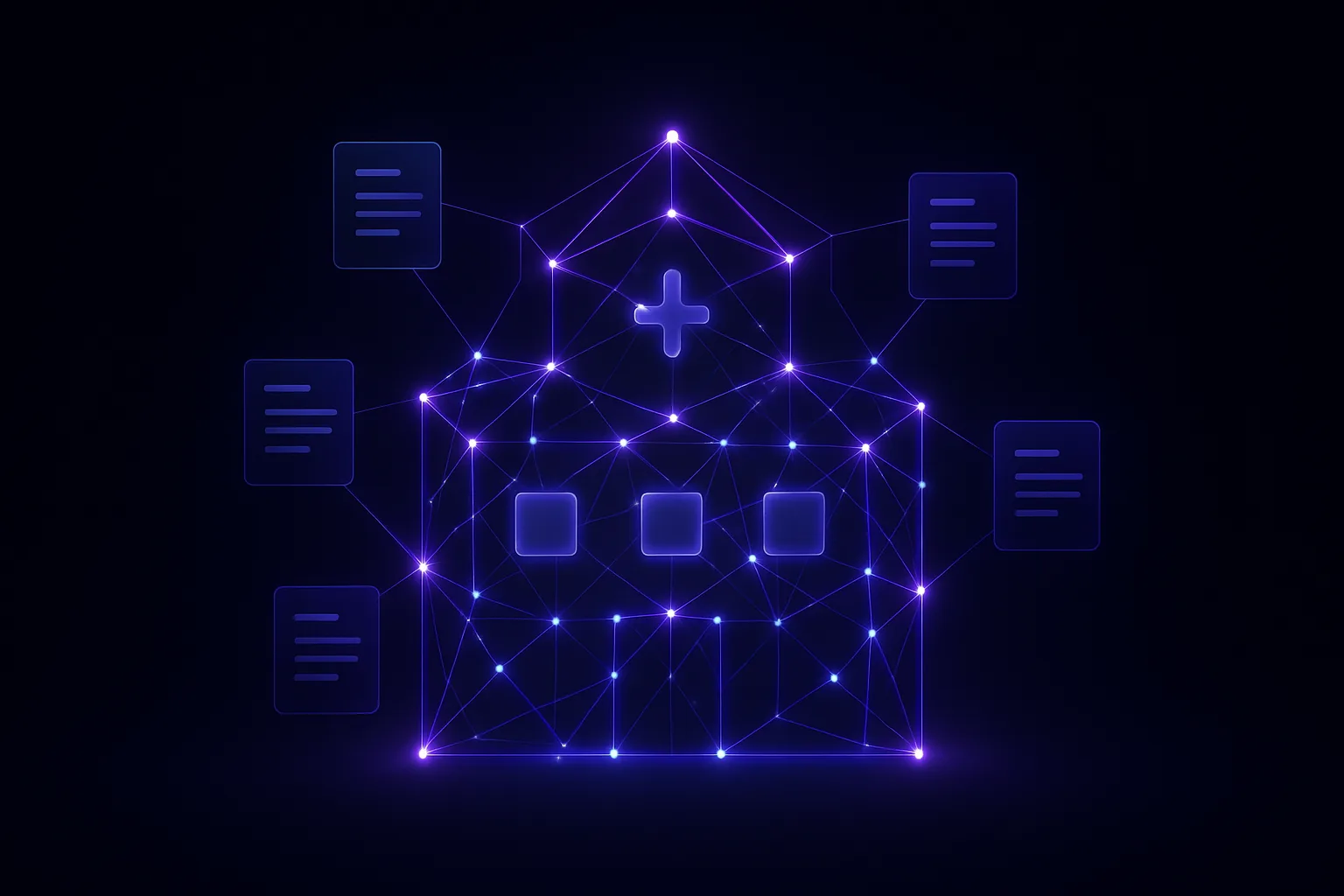 흩어진 페이지들이 발광하는 링크 선으로 하나의 병원 구조로 연결되는 개념 일러스트