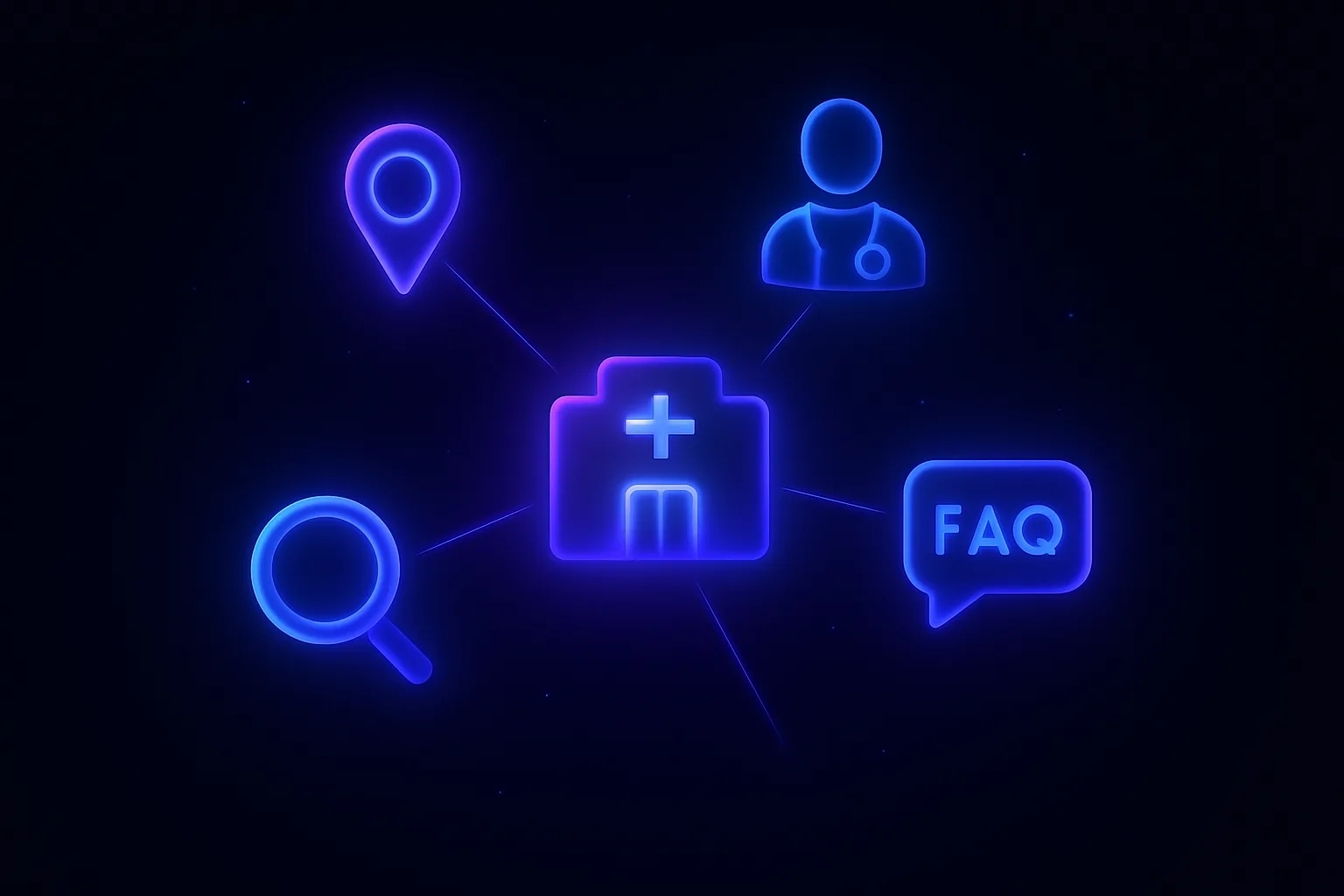 병원·지도·의료진·FAQ 정보가 하나의 신뢰 네트워크로 연결된 모습의 일러스트